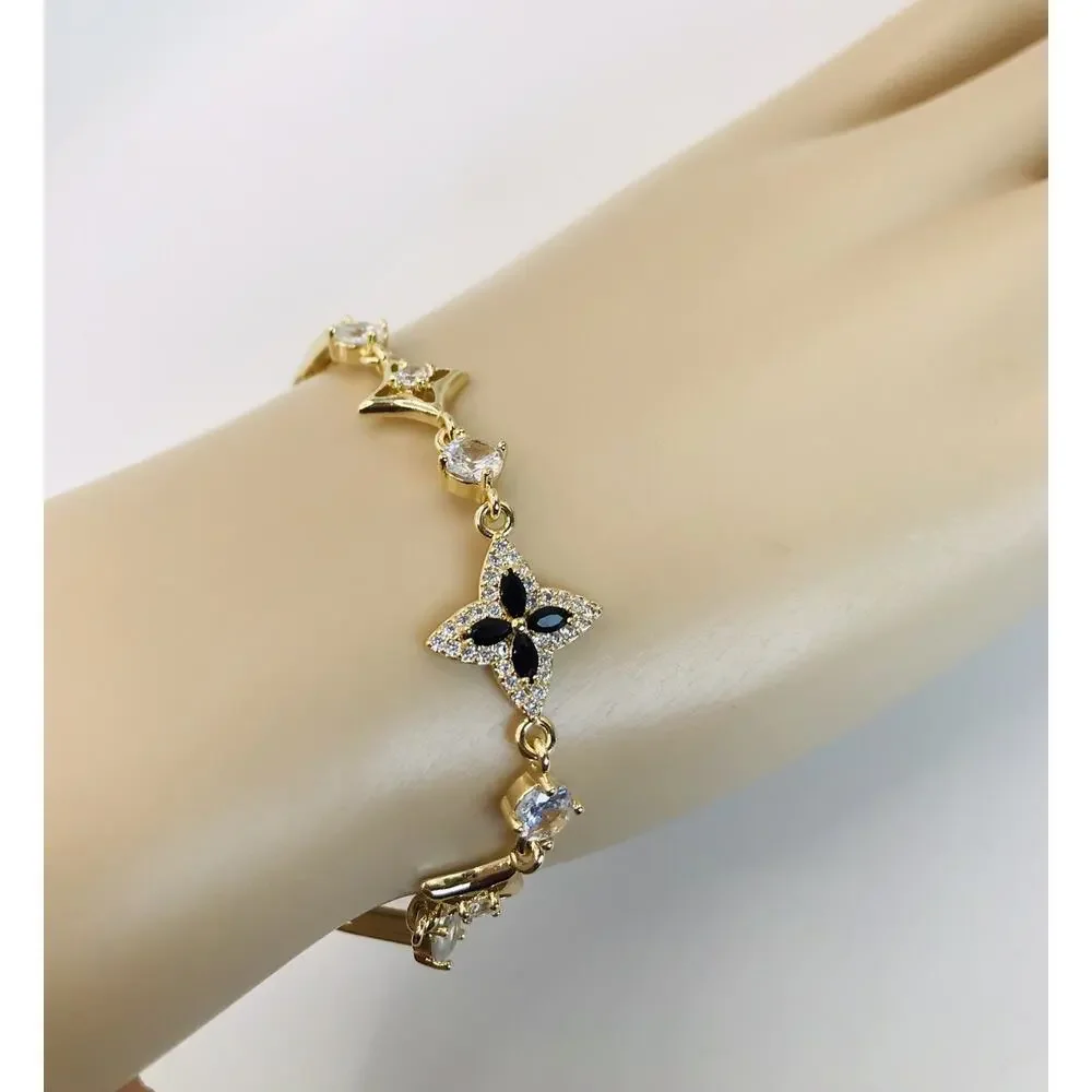 Women 14K Gold Plated Elegant Floral Rhinestone Bracelet Oro Laminado Pulsera9